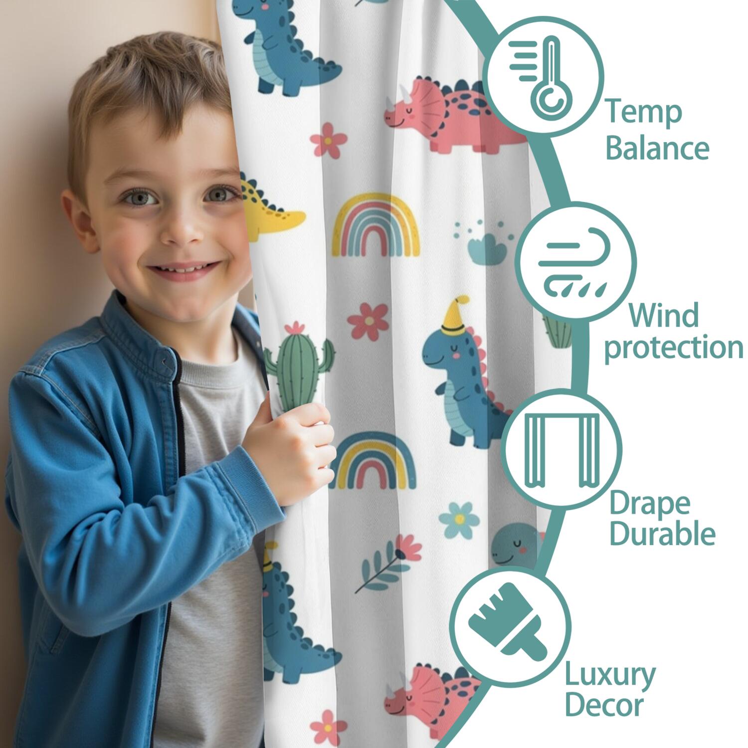 Blackout Kids Curtains,White Dinosaurs Rainbows Cacti Pattern Childrens Insulated Curtains Set Of 2,Bedroom Essentials,Toddler Room Decor 42"x84"