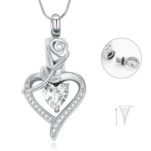 Rose Flower Heart Urn Necklace for Ashes for Women Men Stainless Steel Crystal Cremation Jewelry Memorial Gift for Loved One