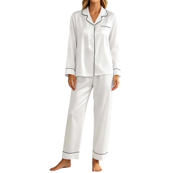 Ltctricy Womens Satin Pajama Sets Button Down 2 Piece Loungewear Long Sleeve Collared Pjs Sets Fall Comfy Sleepwear(White,X-Large)