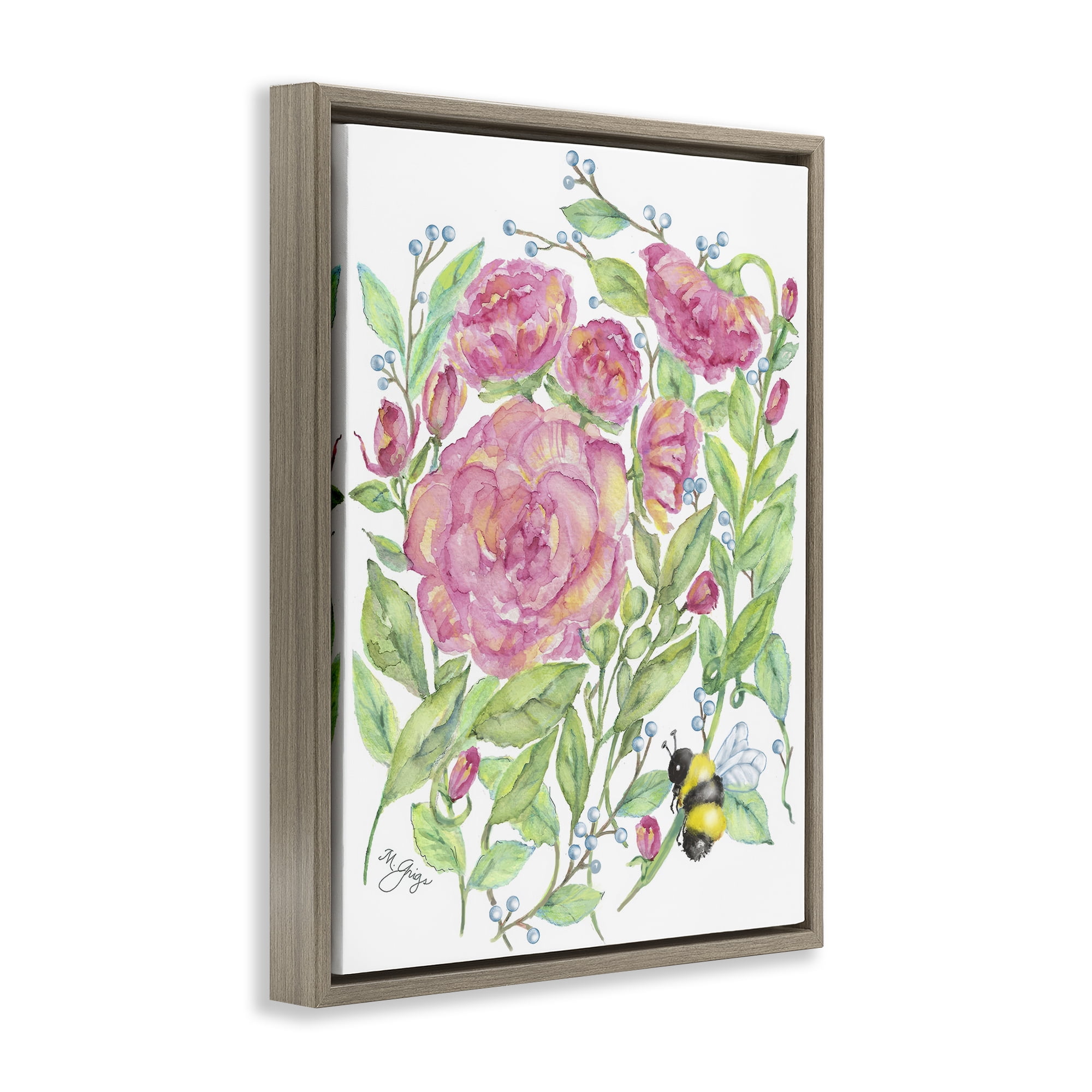 Stupell Industries Peony & Bumble Bee Brown Framed Floater Canvas Wall Art, design by Maureen Grigs