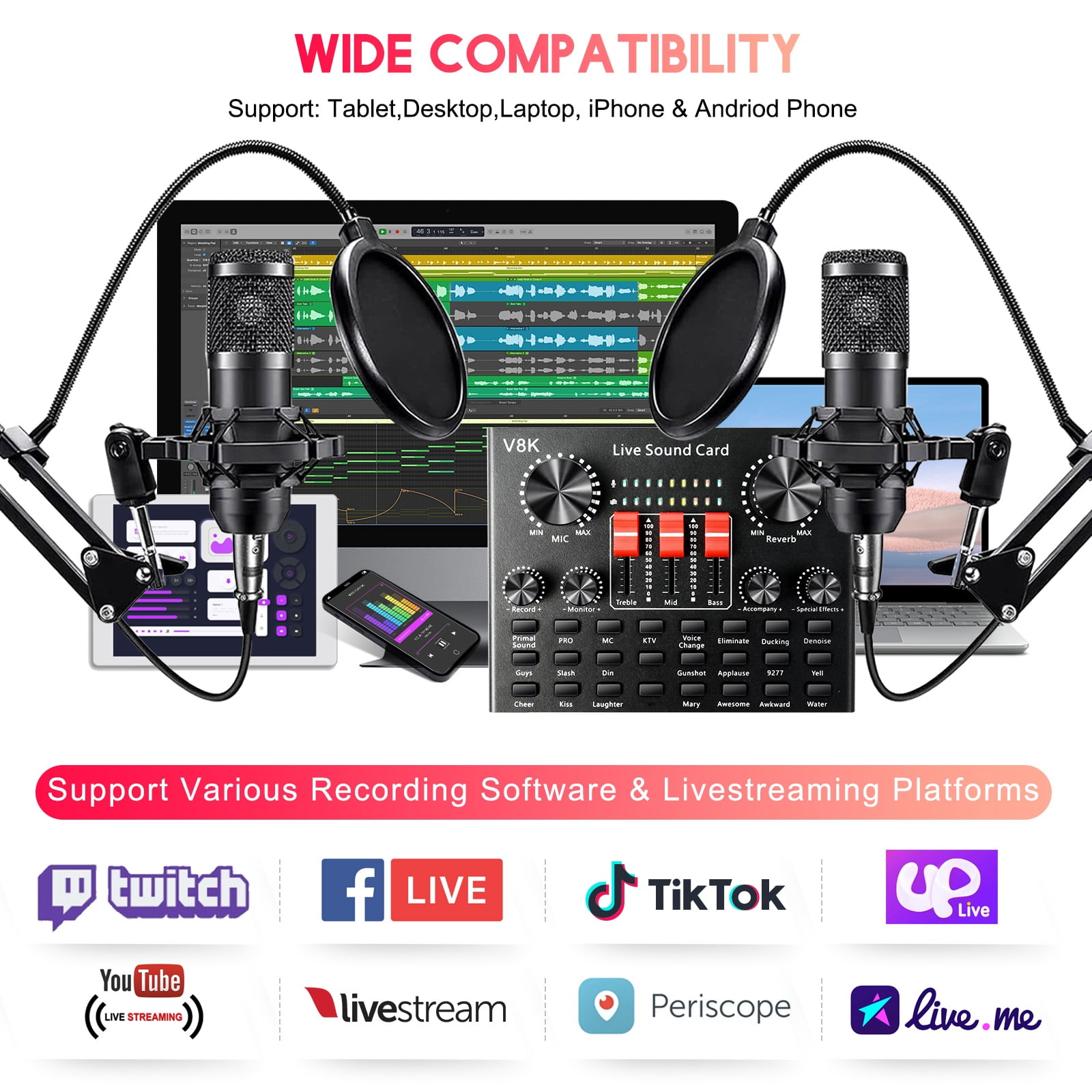 Podcast Equipment Bundle, Recording Studio Package with Dual BM800 Microphones and Voice Changer for PC/Mobile Live Streaming, Singing, Gaming, Voice Changer