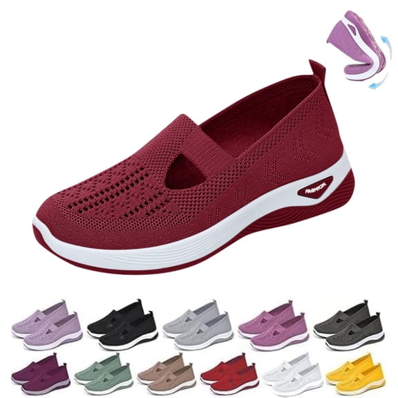 IEMIEMIEM Women's Woven Orthopedic Breathable Soft Shoes 2026 Fashion Lightweight Comfortable Mesh Stretch Sneakers,Go Walking Slip on Diabetic Foam Shoes Wine 5.5 Wide