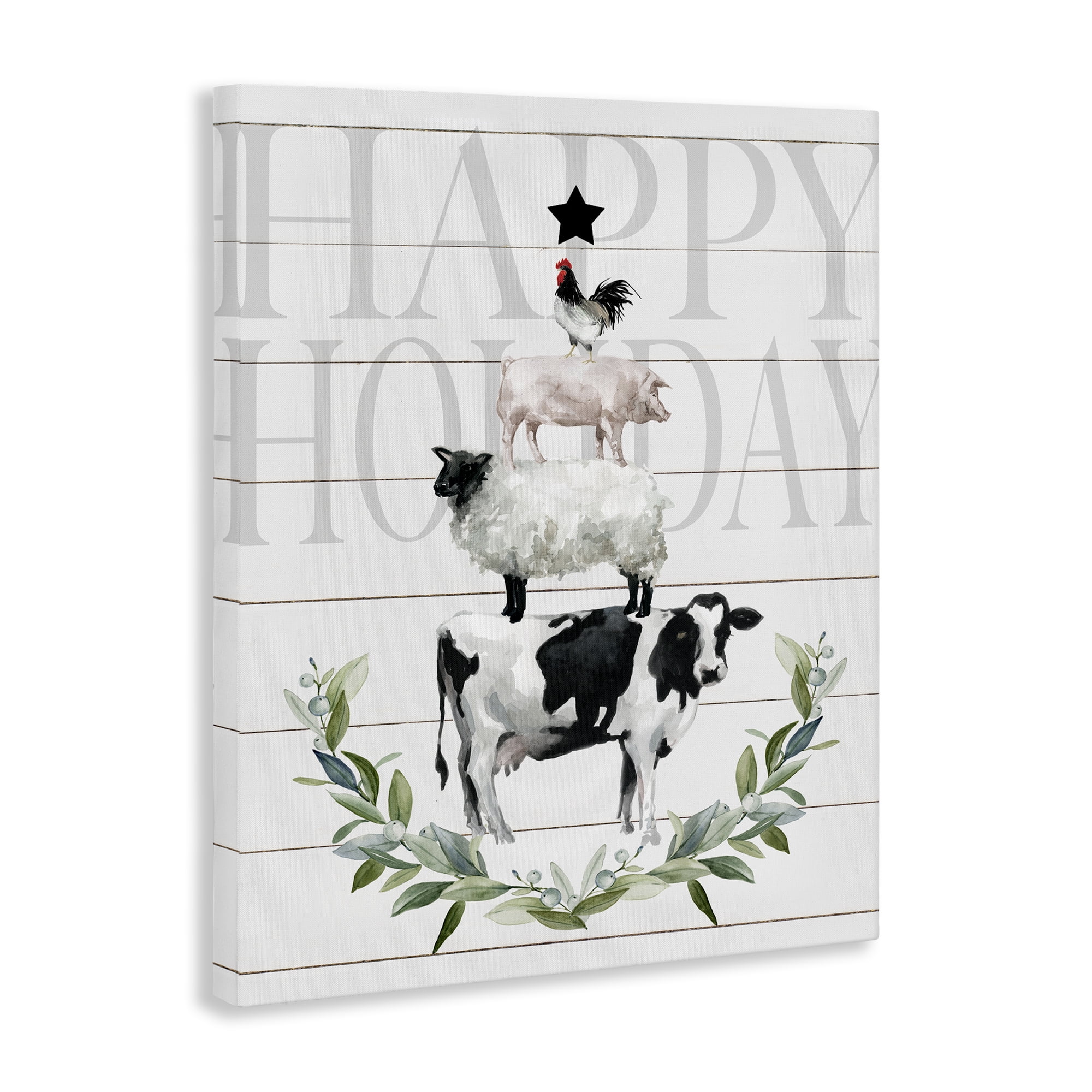 Stupell Industries Happy Holiday Farm Animals Holiday Painting Gallery Wrapped Canvas Art Prints Wall Art, 16 x 20