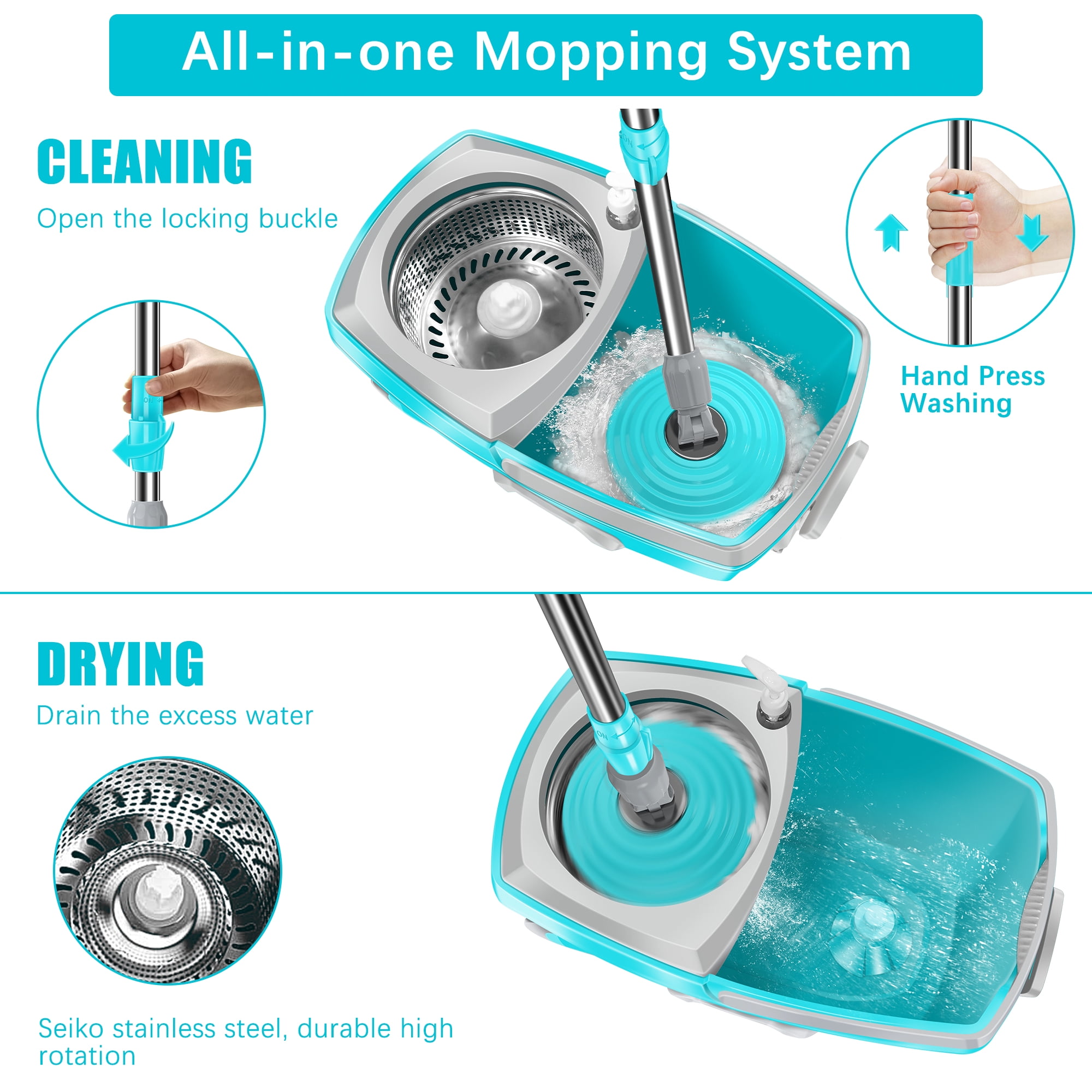 Spin Mop Bucket System Stainless Steel , Tsmine Spinning Mop Bucket Floor Cleaning System with 6 Microfiber Replacement Head Refills,61"Extended Handle, 2x Wheel for Home Cleaning - MINT