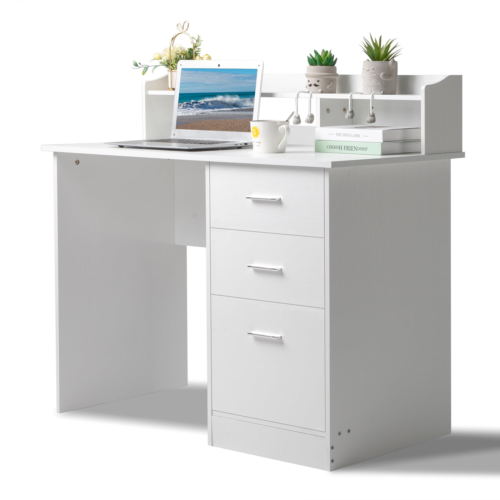 Ktaxon Wood Computer Desk Office Laptop PC Work Table, Writing Desk with 3 Drawers File Cabinet for Letter Size,White