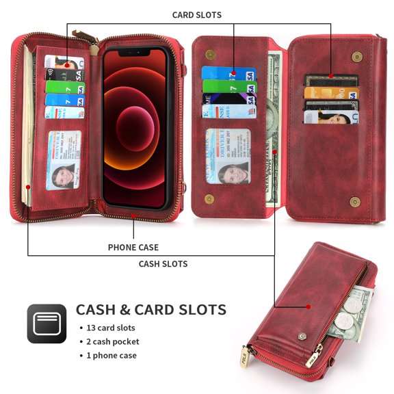 ELEHOLD Multi-Functional Wallet Phone Bag with Case for iPhone 15,Large Capacity 13 Card Slots Zipper Purse Detachable Case with Wriststrap Crossbody Shoulder Strap for iPhone 15 6.1 Inch,Red
