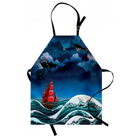 Nautical Apron Vintage Vessel Sailing in Stormy Weather at Dark Night Majestic Wave Print, Unisex Kitchen Bib Apron with Adjustable Neck for Cooking Baking Gardening, Blue Orange Plum, by