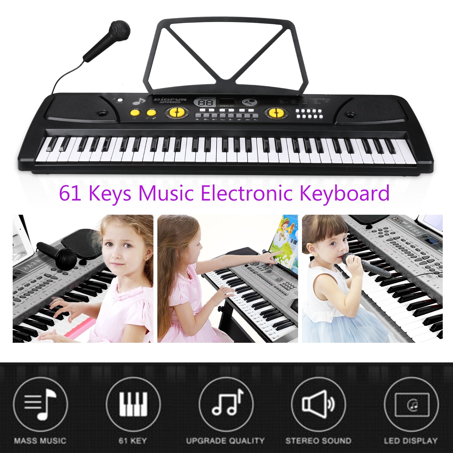 KKSQ 61 Keys Music Electronic Keyboard Electric Piano Organ with Mic