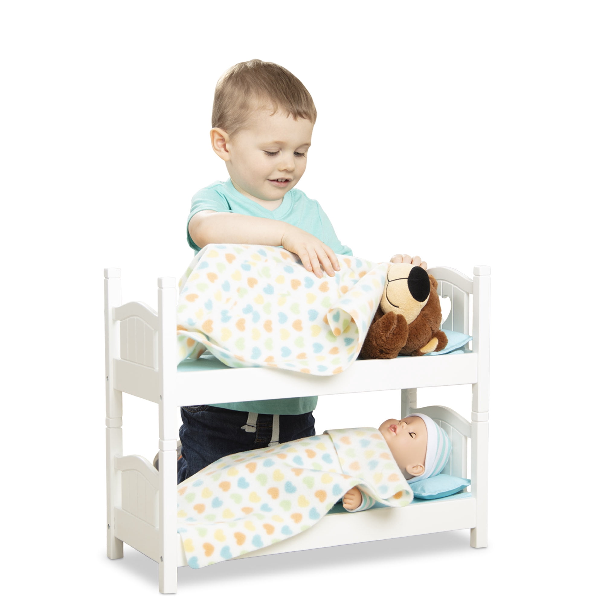 Melissa & Doug Mine to Love Wooden Play Bunk Bed for Dolls, Stuffed Animals - White (2 Beds, 17.4”H x 9.1”W x 20.7”L Assembled and Stacked)