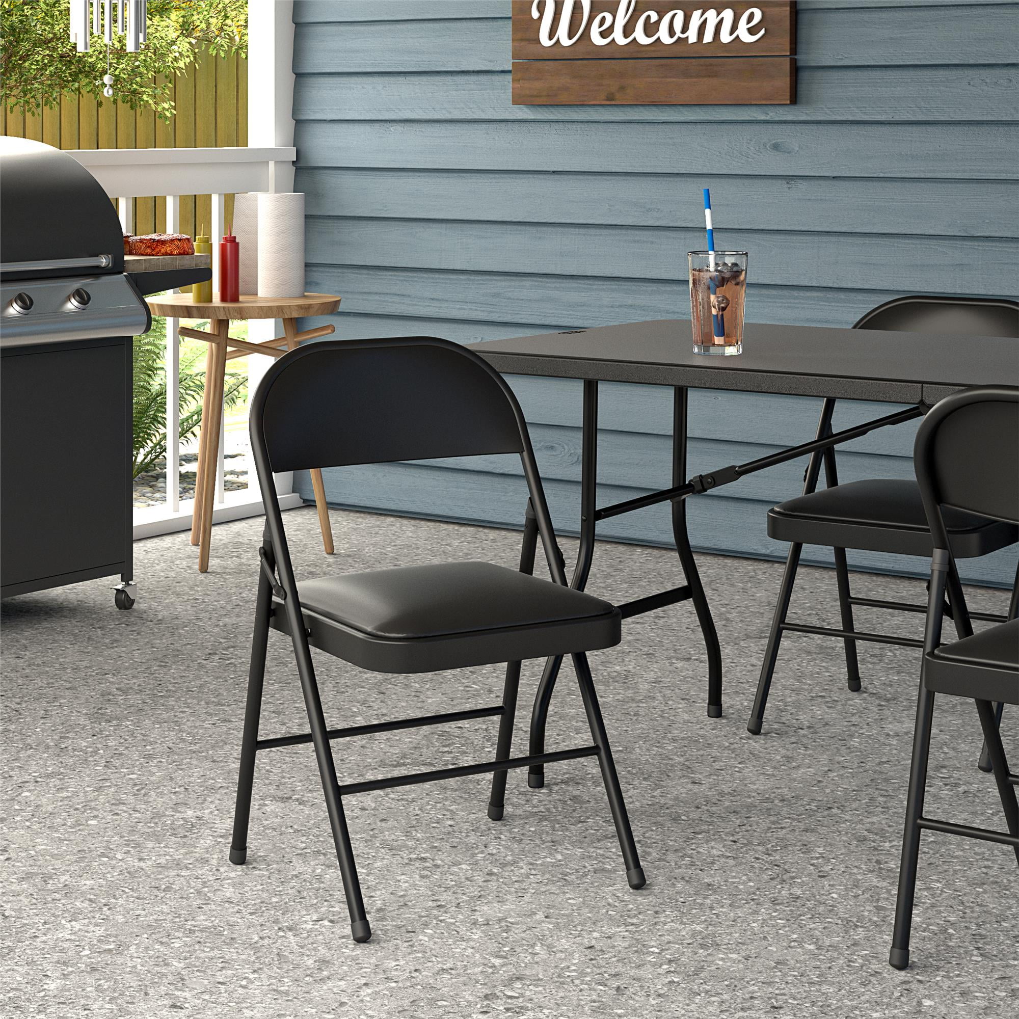 Mainstays Vinyl Padded Seat Folding Chair Black Steel Frame