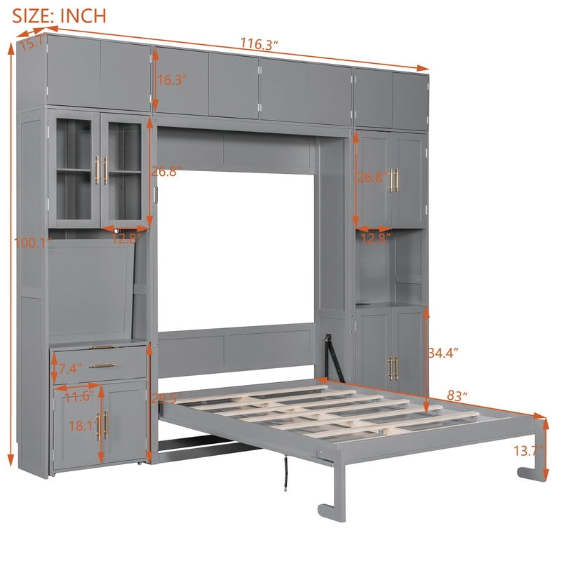 Full Size All-in-One Murphy Bed with Hidden Desk & Storage Cabinets, Foldable Platform Bed Frame with Power Outlet & LED Light