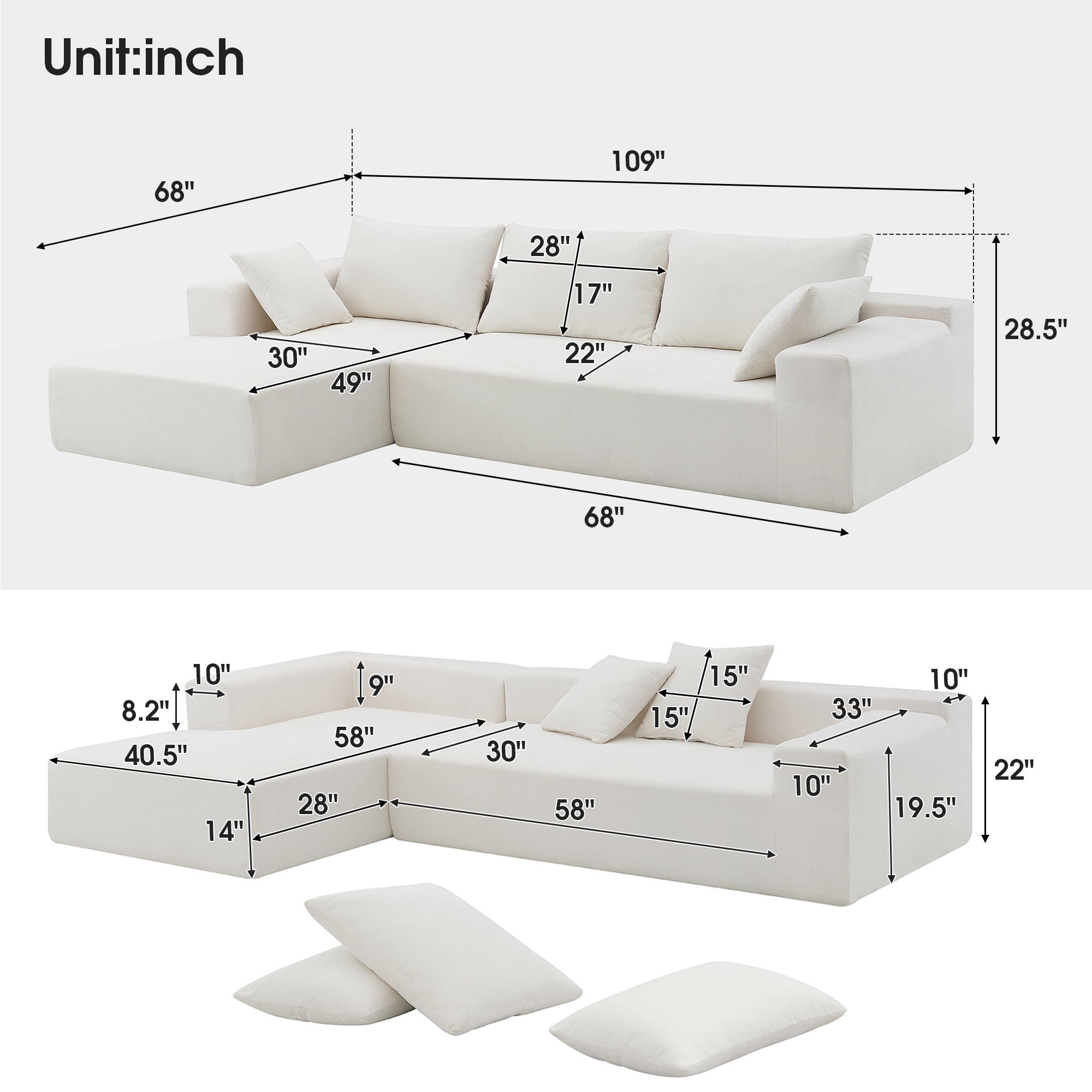 DEALTOPS Modern L-Shape Convertible Sectional Sleeper Sofa Bed Set - Upholstered Modular Sofa Couch for Living Room - White