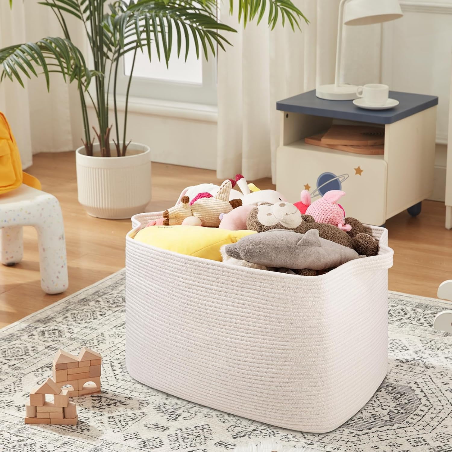 108L Extra Large Blanket Basket, 24.8" x 16.2" x 16.2" Rectangle Woven Storage Baskets for Living Room, Nursery, Bedroom, Toy Basket with Handle (White)