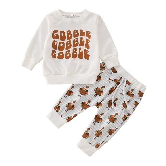 Toddler Boys Casual Outfit Sets Thanksgiving Day Winter Long Sleeve Letter Turkey Prints Tops Pants 2PCS Outfits Clothes Set For 0-6 Months