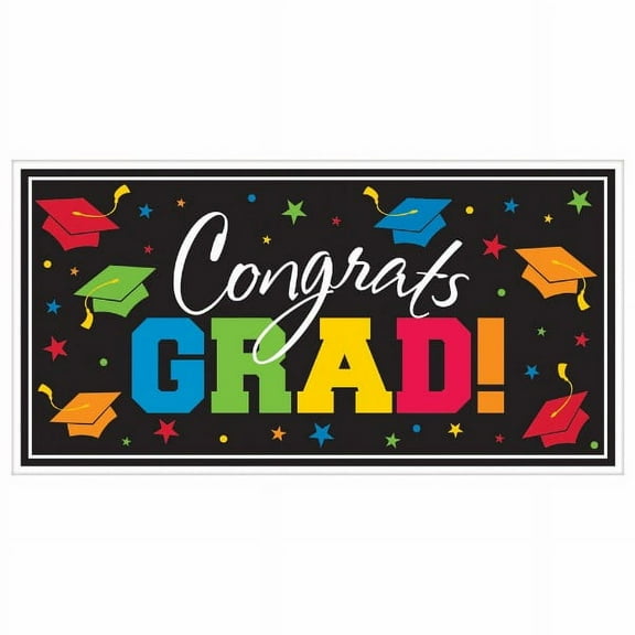 Amscan "Congrats Grad" Graduation Banner, Party Supplies and Decorations – Large, 65” x 33.5”, Horizontal, Plastic, Multicolor