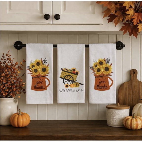 Serafina Home Thanksgiving Kitchen Dish Hand Towels: Sunflowers Happy Harvest Season, 100% Cotton 15" x 25"