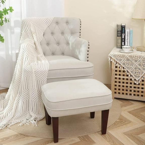 Accent Chair with Ottoman, Button Tufted Armchair for Bedroom Living Room(Beige)