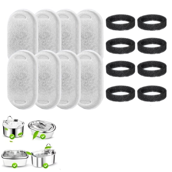 16 Sets Pet Water Fountain Filter Replacement Compatible for 3.2L/108oz Stainless Steel Pet Water Fountain, 8 Sponges and 8 Water Fountain Filters for Cat Fountain Dog Water Bowl Dispenser