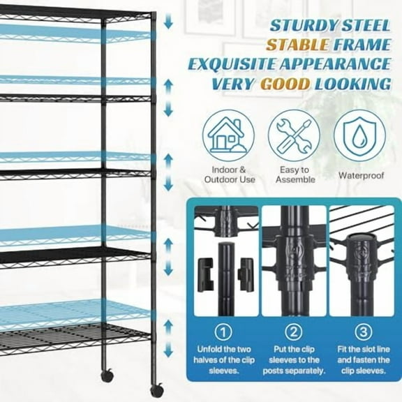 5-Tier Shelf Metal Storage Rack Shelving Unit Adjustable Wire Shelving Unit Organizer Standing Shelf Units for Kitchen, Garage, Bathroom, Closet - Strong Steel Shelf with Wheels, B