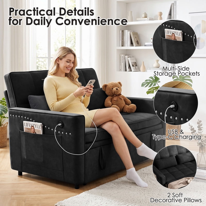 Anpport 54" 3‑in‑1 Convertible Sofa Bed, Sleeper Couch with USB Charging Port, Nailhead Trim & Throw Pillows, Loveseat for Living Room Apartment Small Space, Black