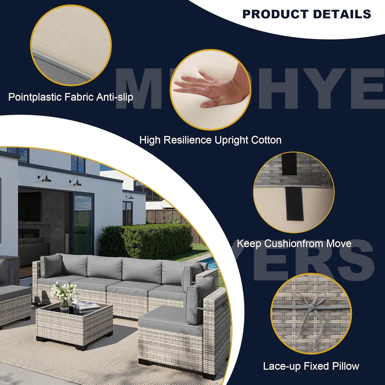 14-Piece Outdoor Patio Furniture Set with Rocking Swivel Chair, Wicker Rattan Sectional Sofa Conversation Set with 55,000 BTU Fire Pit Table, Backyard Furniture,Dark Grey