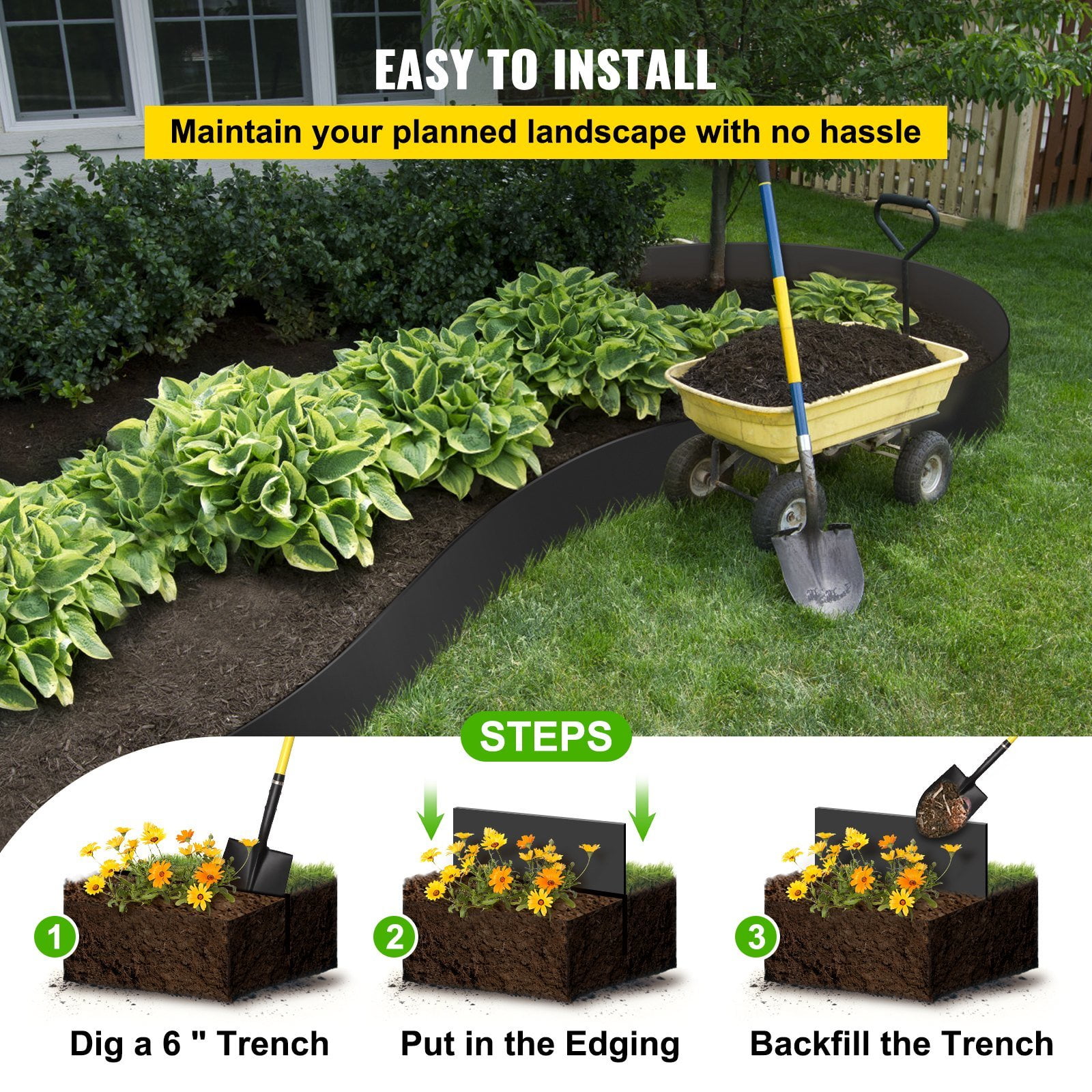 Recycled HDPE Landscape Edging, 10-Inch Depth x 80-Ft Coiled Border, Flexible Lawn & Garden Barrier, Black – Weed Control
