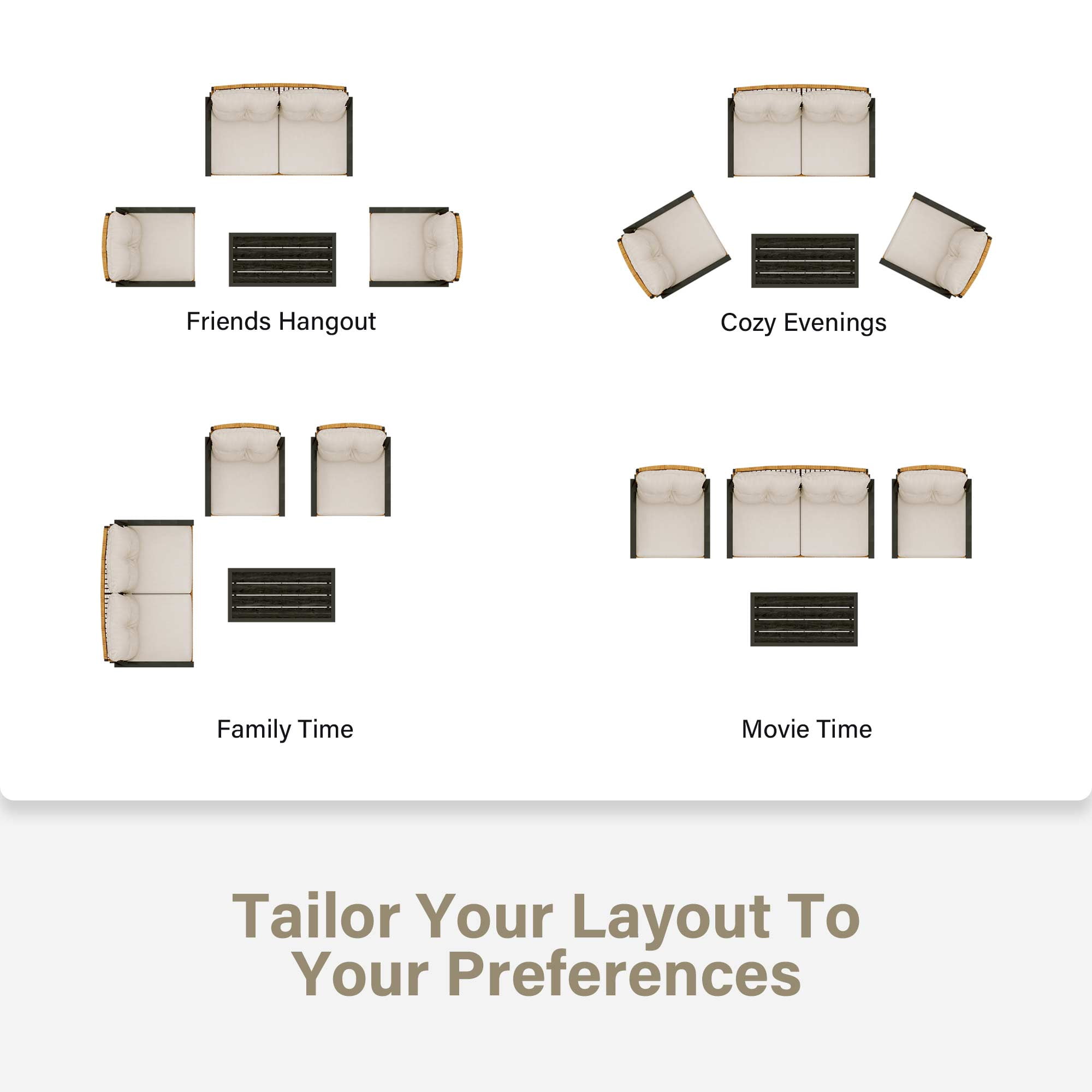LAUSAINT HOME 4-Piece Outdoor Patio Conversation Set, All-Weather PE Rattan Furniture with Loveseat, 2 Chairs and Table for Backyard, Porch, Garden and Poolside, Beige