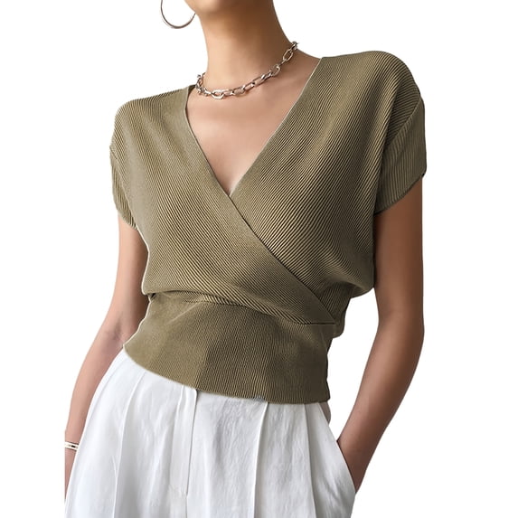 Women's V-Neck Wrap Short Sleeve Solid Color Cross Knit Sweater, M