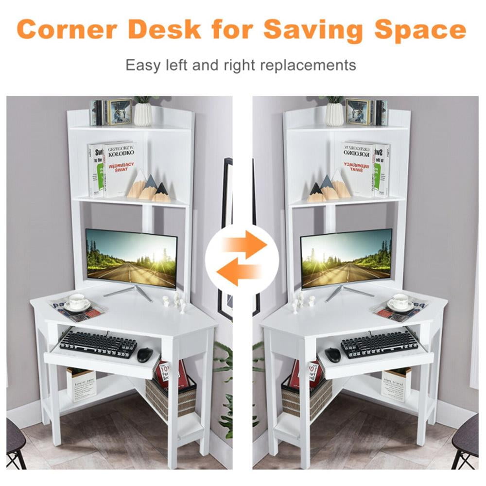 Demi Bonn Corner Computer Desk with Hutch and Storage Shelves, Small Home Office Desk Study Writing Table, White