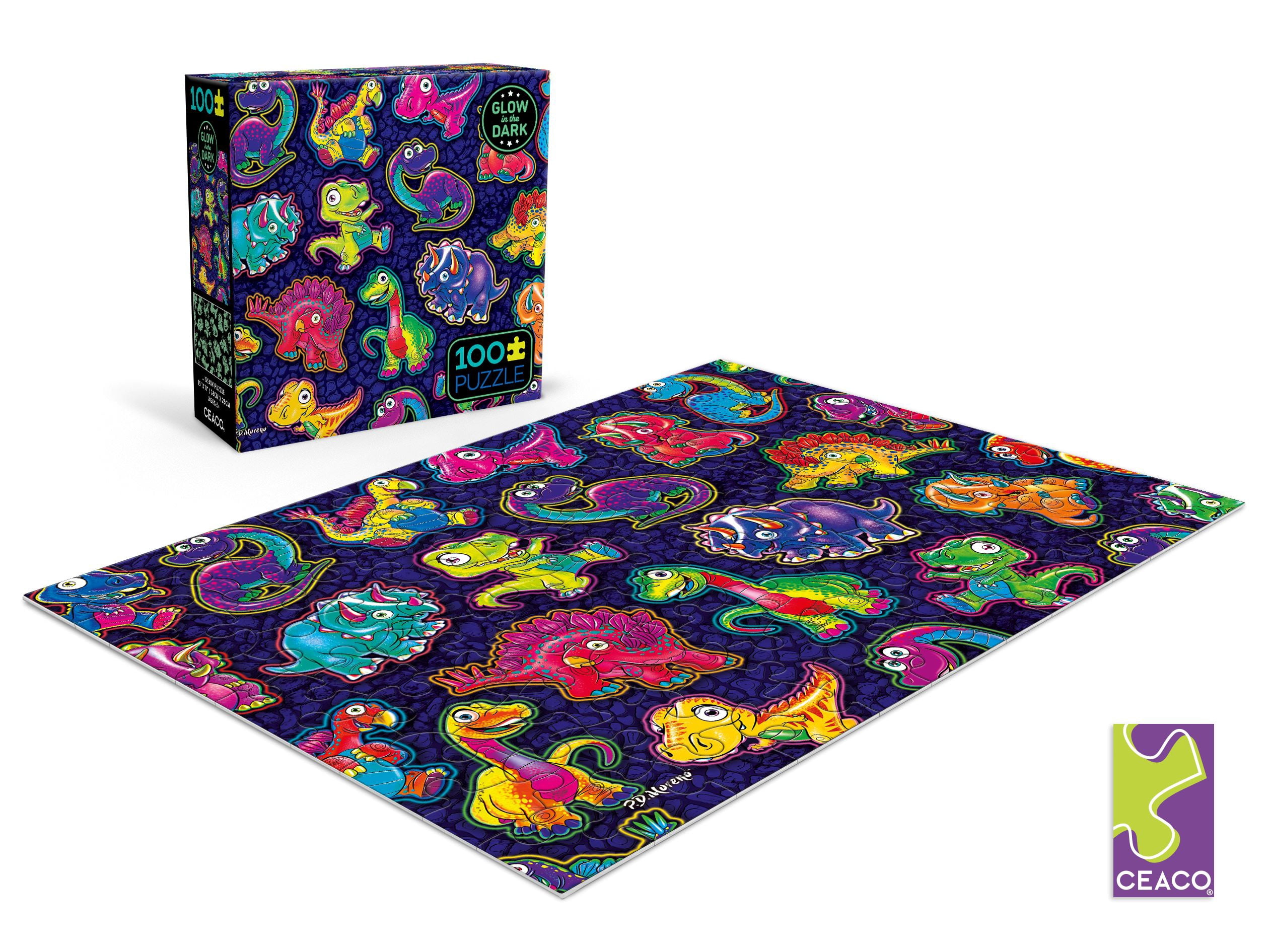 Ceaco Kids Deluxe 100 Piece Dinosaur Sticker Collage Glow (PD Moreno) Interlocking Jigsaw Puzzle