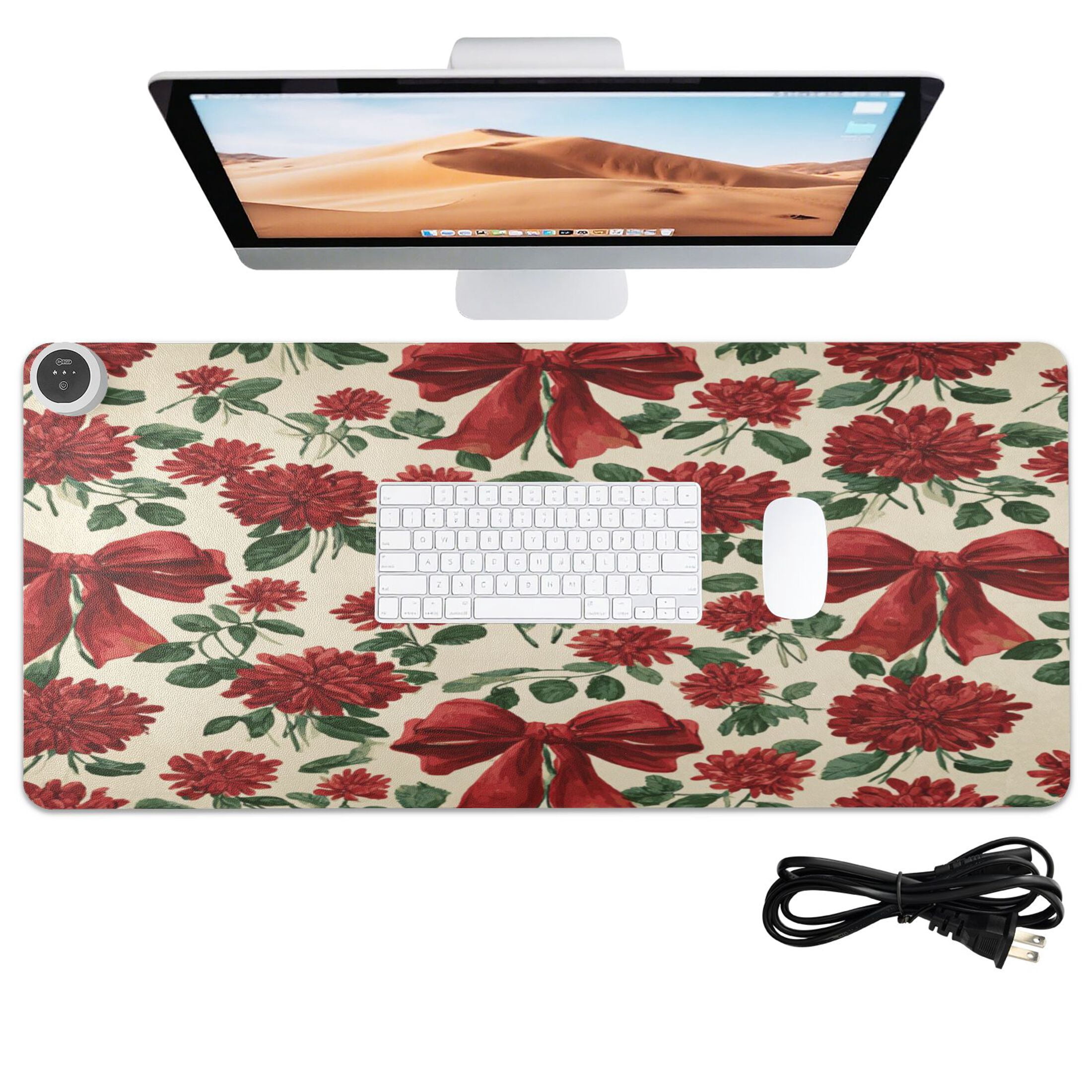 Large Heated Desk Mat Mouse Pad 31.5"x13"PU Leather Graphene Heating Desk Warmer with 3 Temperature Settings 110V US Plug Non-Slip Warm Pad for Home, Office, and Gaming Red Christmas Bows and Floral