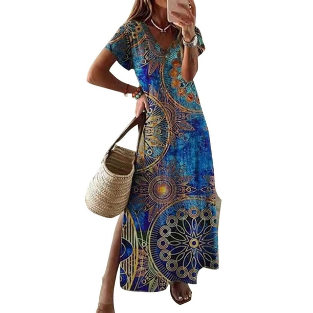 Alsol Lamesa Women's Summer Beach Vintage Floral Print Boho Dress Short ...