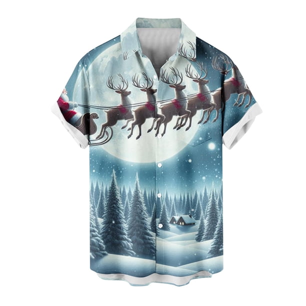 Mens Manga Corta Botón Abajo Camisas, Cuello de Vuelta Navidad Impresa Blusa, Top de Moda Casual