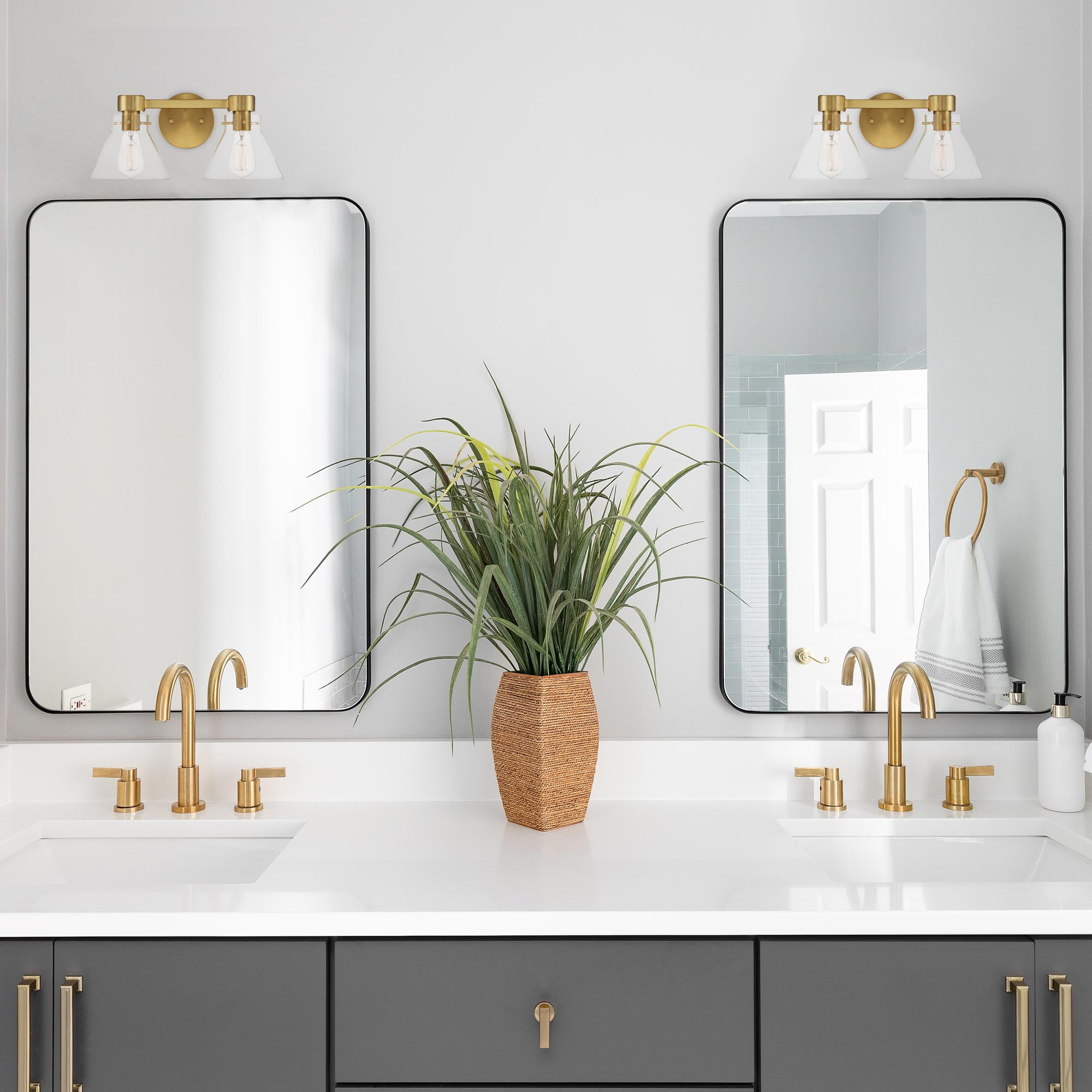Designers Fountain Willow Creek 16.5 inch 2-Light Brushed Gold Contemporary Bathroom Vanity Light Fixture with Clear Blown Glass Shades, D204M-2B-BG