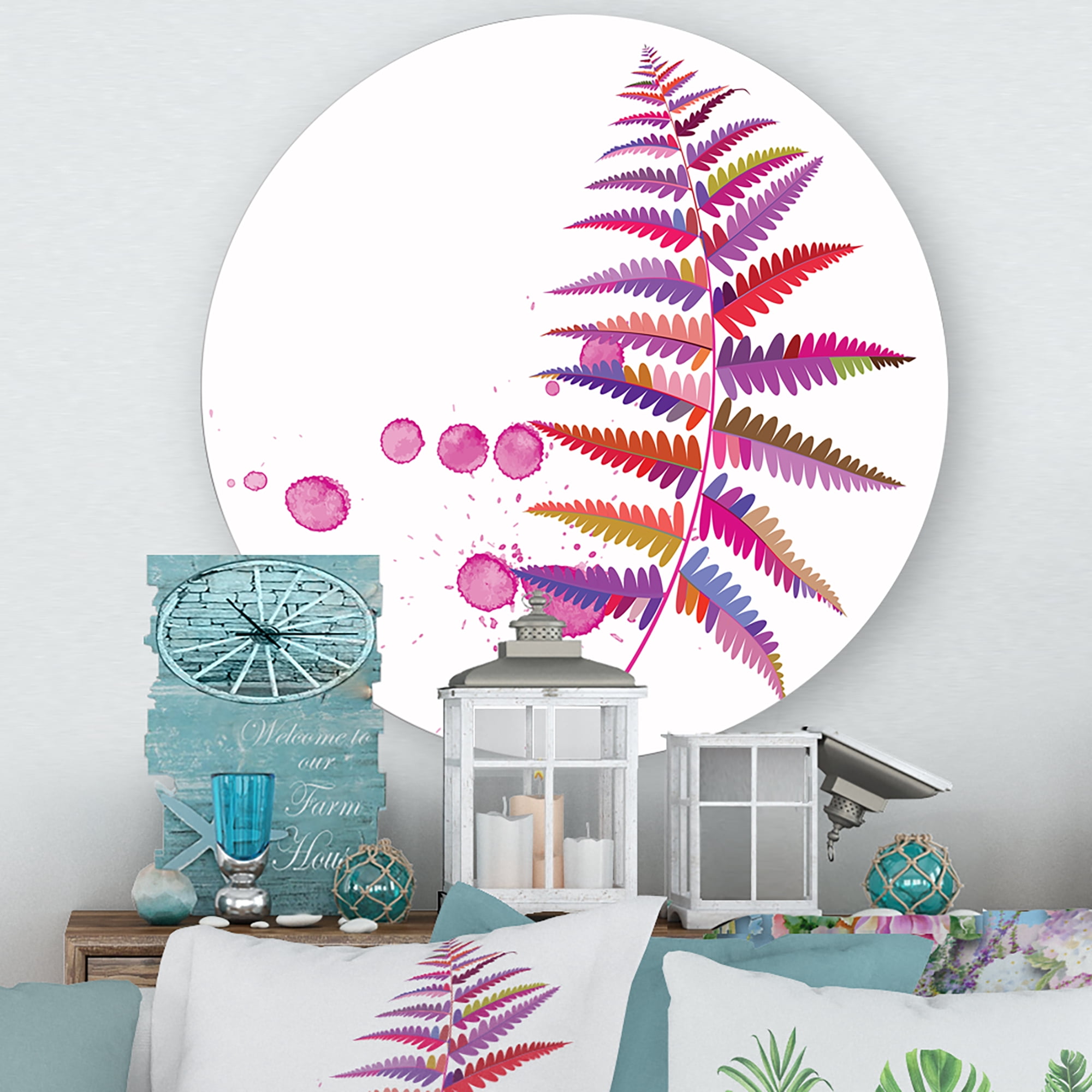 Designart 'Purple Fern With Purple Splash' Farmhouse Circle Metal Wall Art 23x23 - Disc of 23