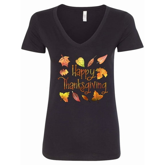 Inktastic Happy Thanksgiving Fall Leaves in Autumn Colors Women's V-Neck T-Shirt