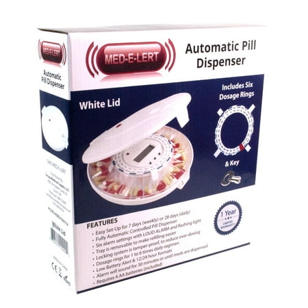 Pill Reminder Alarm - GMS Med-e-lert 28 Day Automatic Pill Dispenser - 6 Alarms 6 Dosage Rings 1 Key (Clear and Solid Lid)