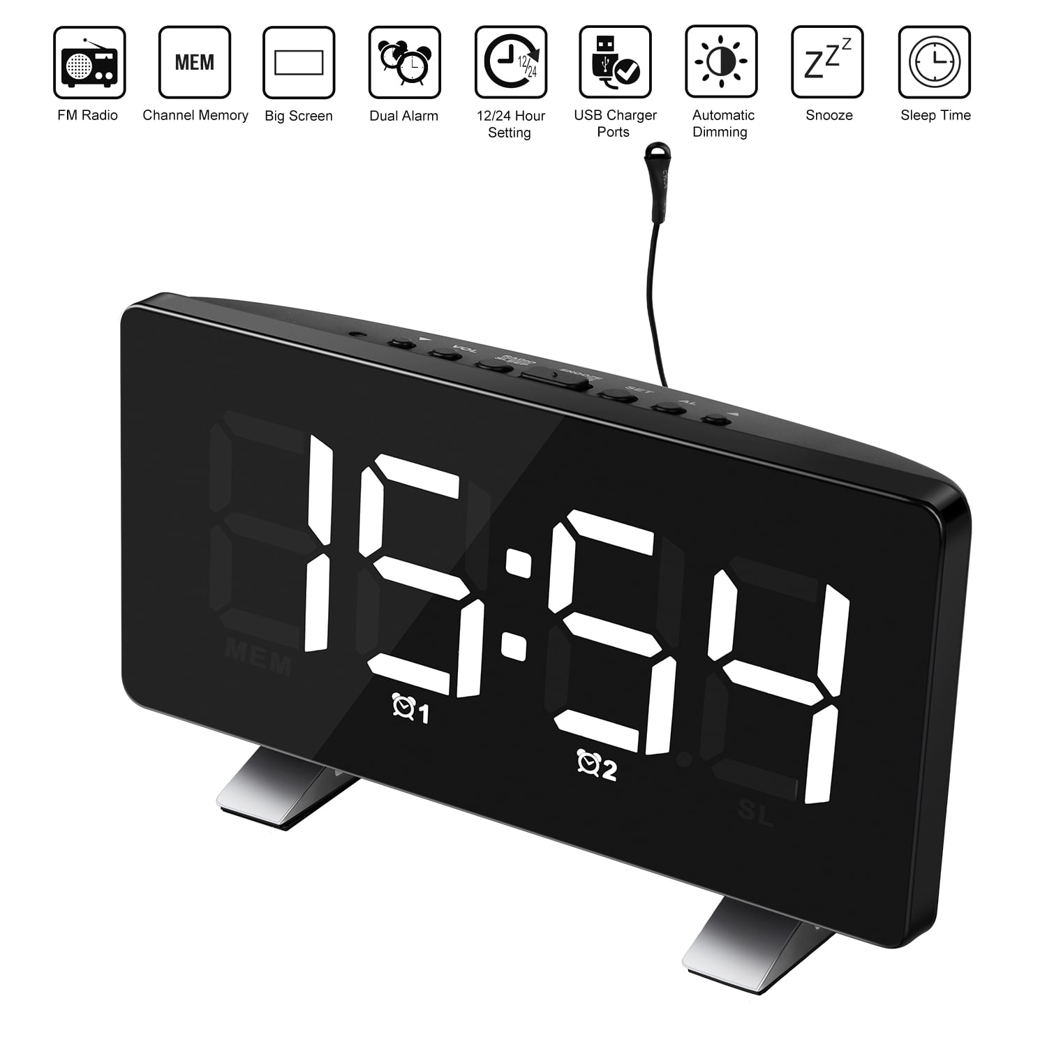 Digital Alarm Clock Snooze Function Large Digit Display Electronic