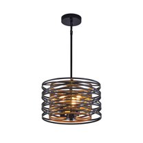 13" Rustic Industrial Pendant Light, 3-Light Black and Walnut Metal Cage Chandelier with Wood Accents for Kitchen Island and Dining Room (No Bulbs)