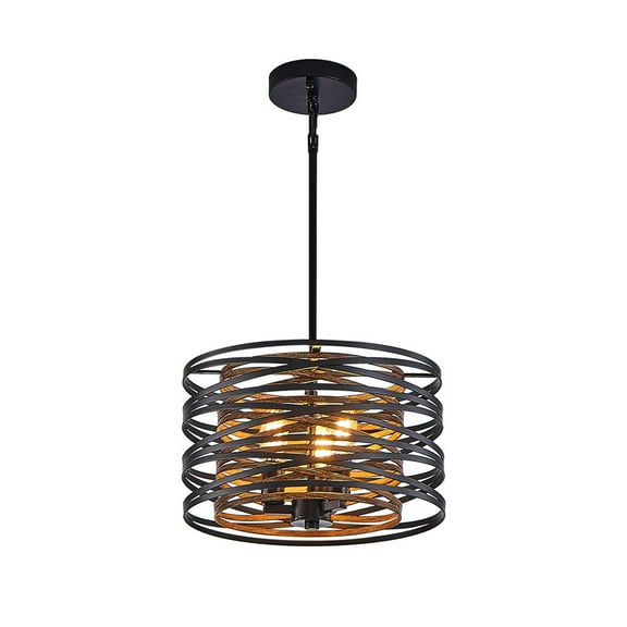 13" Rustic Industrial Pendant Light, 3-Light Black and Walnut Metal Cage Chandelier with Wood Accents for Kitchen Island and Dining Room (No Bulbs)
