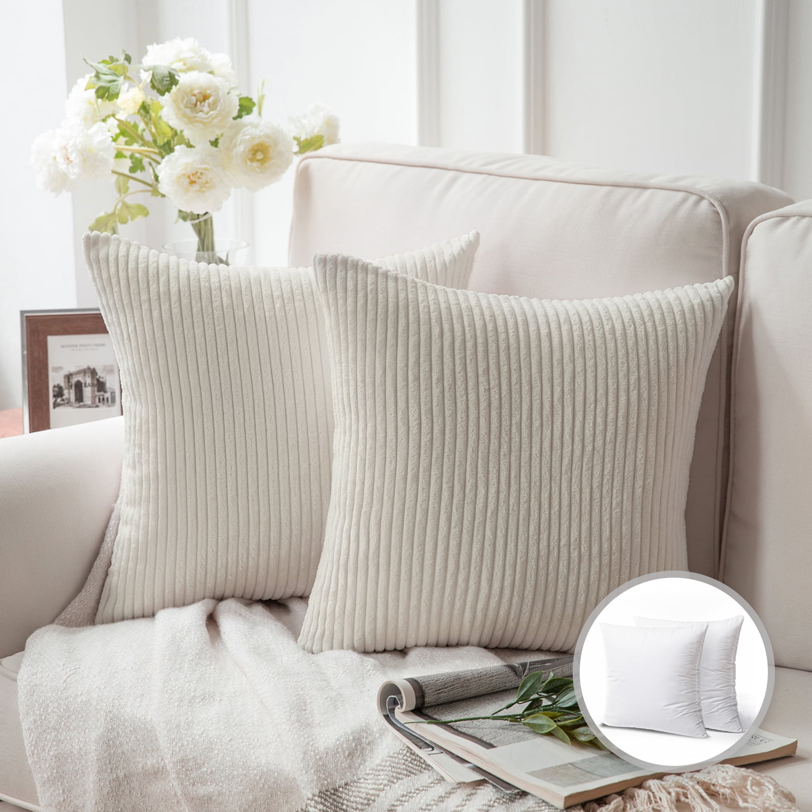 Soft Corduroy Striped Velvet Series Decorative Throw Pillow, 18" x 18", Off White, 2 Pack
