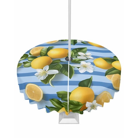 Fsddascl Yellow Lemon Outdoor Tablecloth - 54 Inch Round Dining Table Cover Summer Fruit Rustic Blue Striped Waterproof Outdoor Table Cloth with Umbrella Hole & Zipper for Picnic/Patio/Party