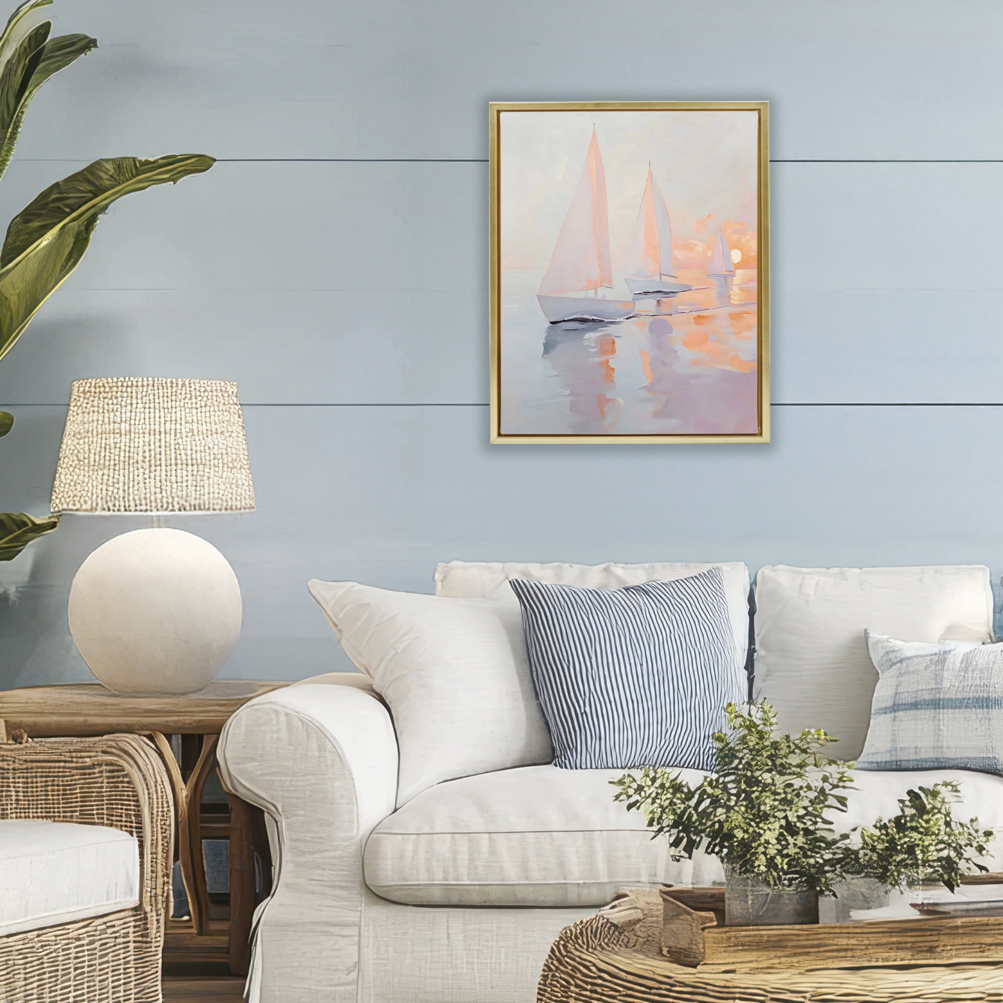 Stupell Industries Peach Sunset Sailboats on Sea Gold Framed Floater Canvas Wall Art, design by Creative Studio