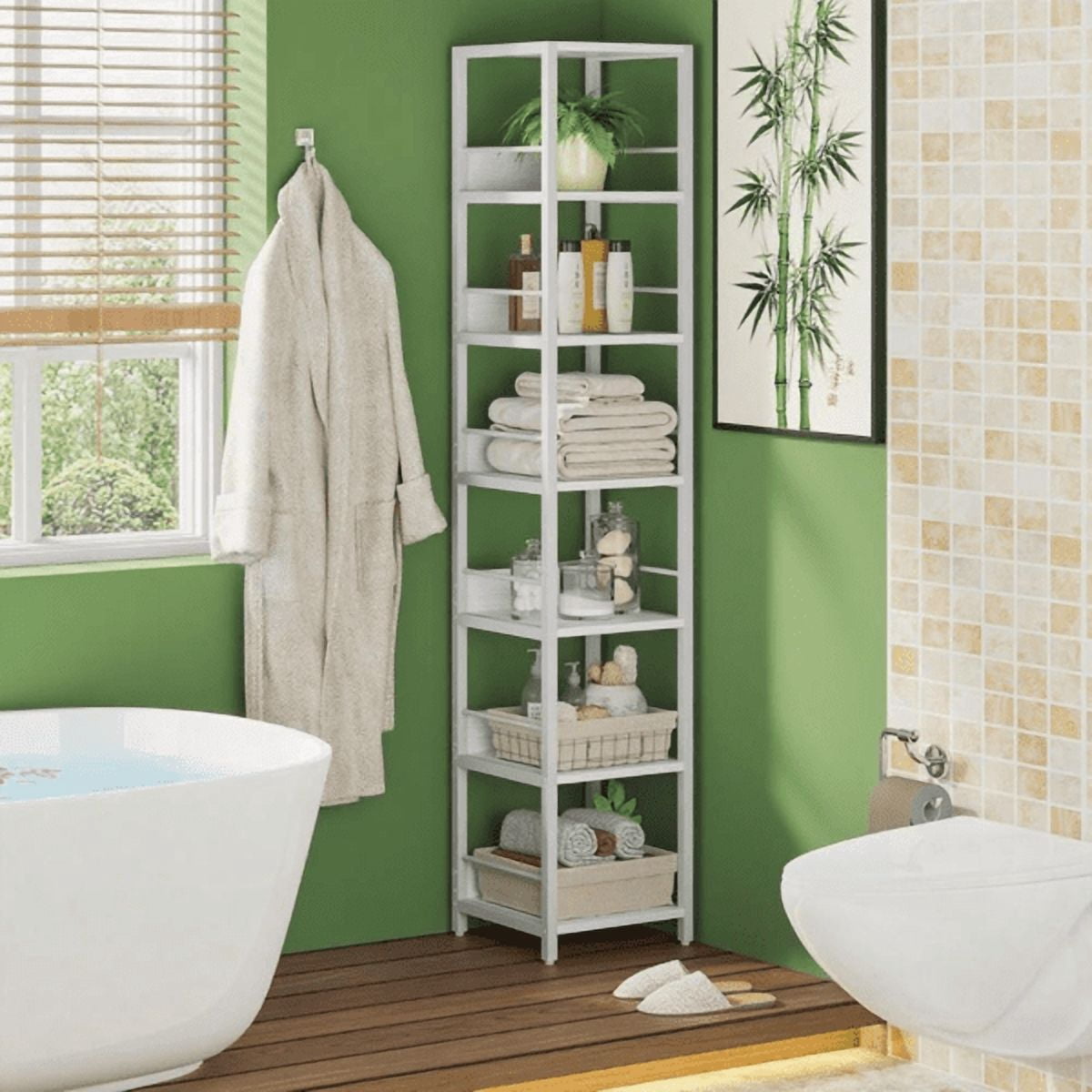 6-Tier Corner Bookshelf, Space-Saving Storage Rack with Anti-Slip Fences, Multipurpose for Living Room, Kitchen, Bathroom