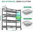 thumbnail image 6 of 4-Tier Kitchen Storage Cart, Adjustable Rolling Pantry Storage Cart with 10 Baskets & Handle, 29''L Metal Snack Cart with Wheels, Kitchen Shelf Organizer for Fruit, Vegetables, Potato(Black), 6 of 6