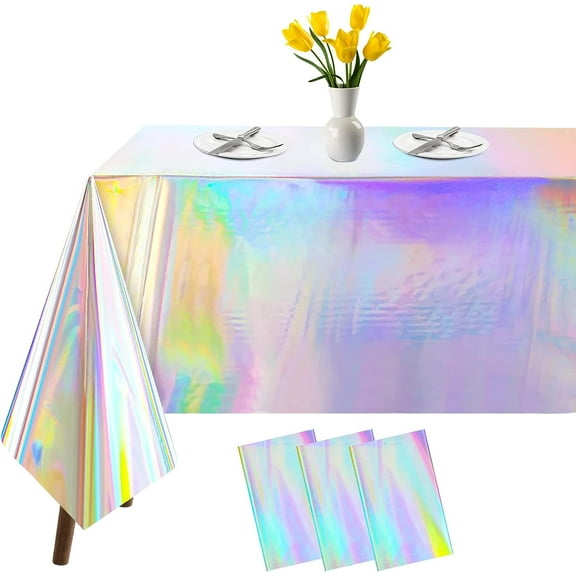 3 Pack Iridescent Tablecloths, Boriyuan Plastic Disposable Waterproof Table Cover for Rectangle Tables Birthday Party Wedding Christmas Decorations (54"x108")