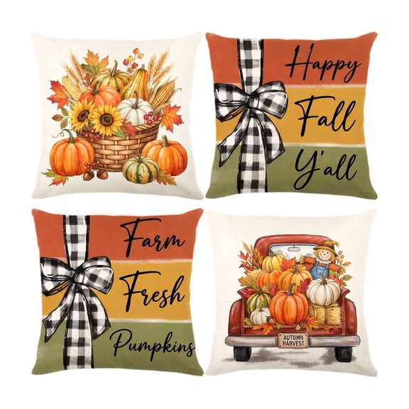 Throw Pillows 4 Pack Fall Seasonal Decor Farmhouse Indoor Outdoor Soft Washable Cover Great Gift for Autumn Thanksgiving Home Decor