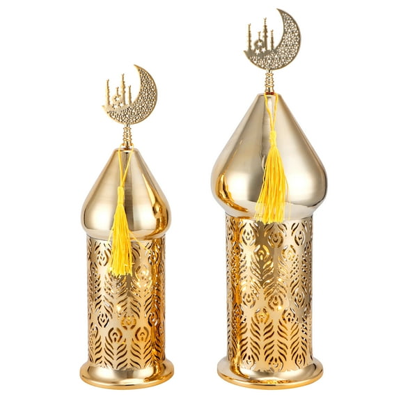 Ramadan Lanterns Set of 2 10" &12.5" Gold Electric Candle Holders with Timer