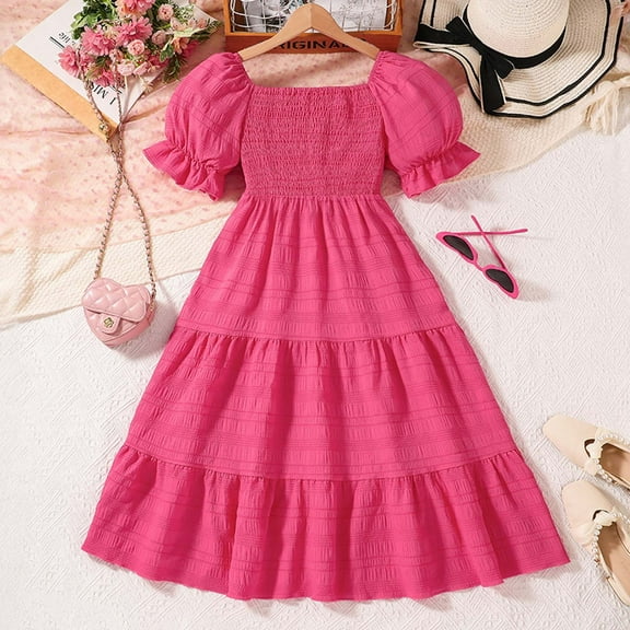 MJTBGFSWG Baby Girl Dress Girls Summer Dress Tween Boho Casual Smocked Swing Flowy Ruffle Midi Dresses with Pockets