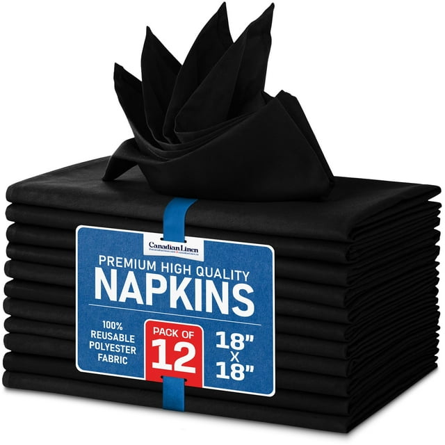 Canadian Linen Serviettes de Table Noires, 18"x18 Pouces, Lot de 12 Serviettes de Table en Polyester Réutilisables et Lavables pour Dîner, Déjeuner en Station, Hôtel et Fêtes
